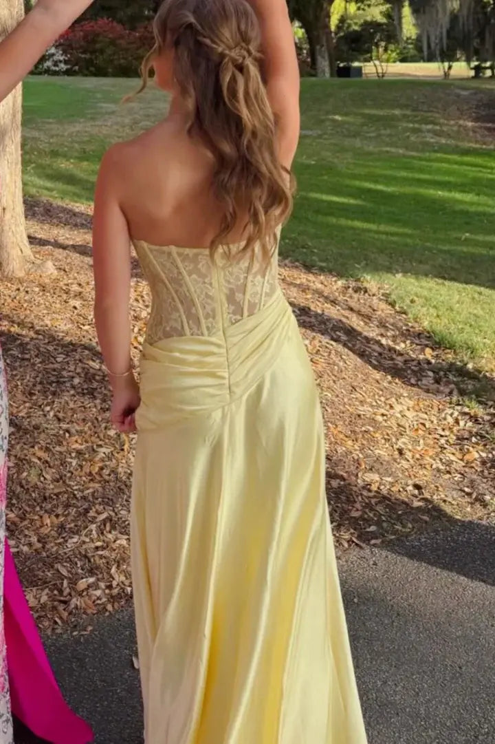 Luolandi Pretty Strapless Lace Satin Formal Prom Dress Elegant Sleeveless Evening Party Dress With Slit