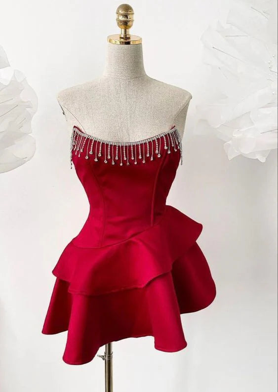 Luolandi Pretty Strapless Sleeveless Ruffle Short Party Prom Dress Chic Beaded Homecoming Dress