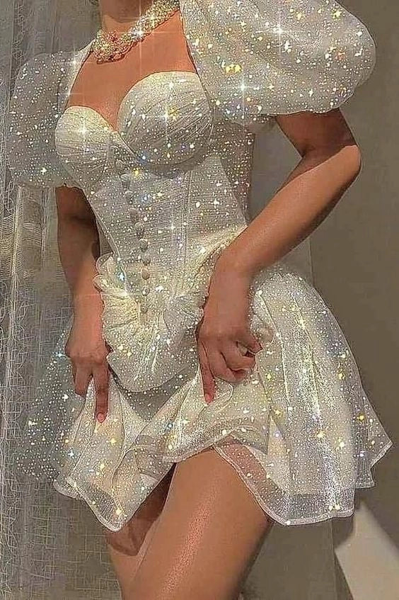 Luolandi Pretty Sweetheart A Line Short Sleeves Formal Homecoming Dress Shiny Summer Birthday Party Dress