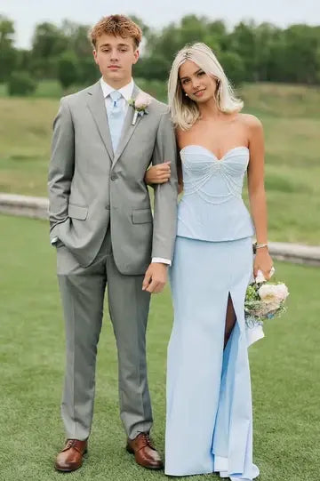 Luolandi Pretty Sweetheart Strapless Blue Formal Prom Dress Elegant Sleeveless Evening Party Dress With Slit