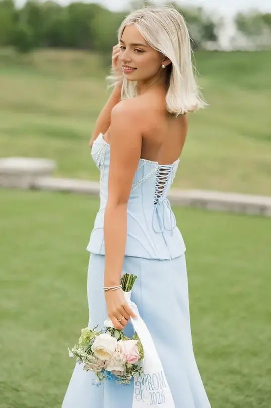 Luolandi Pretty Sweetheart Strapless Blue Formal Prom Dress Elegant Sleeveless Evening Party Dress With Slit