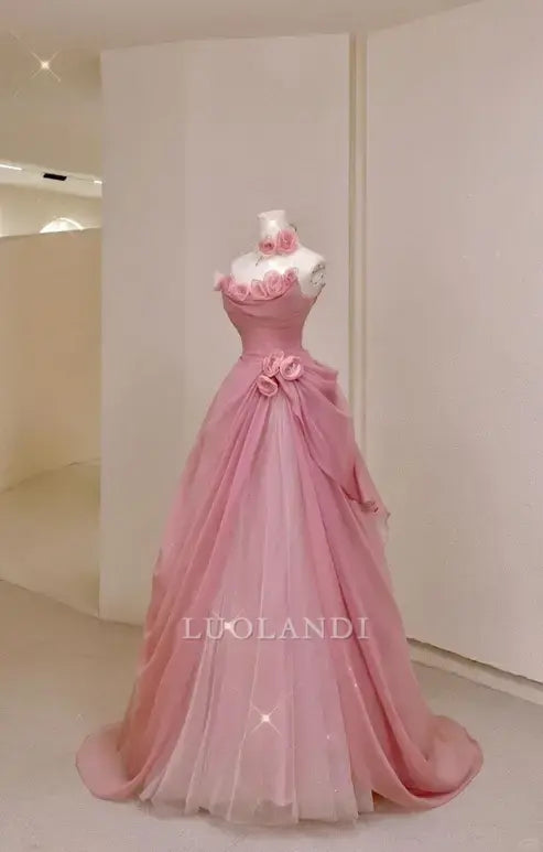 Luolandi Princess A-Line Strapless Long Formal Prom Dress With Flowers Elegant Evening Gown Sweet 16 Dress No With Neck accessories