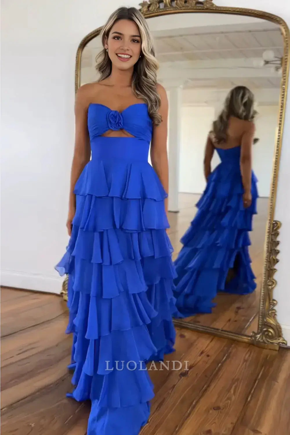 Luolandi Princess A Line Sweetheart Strapless Sleeveless Prom Dress Ruffled Long Formal Dress Charming Evening Party Dress