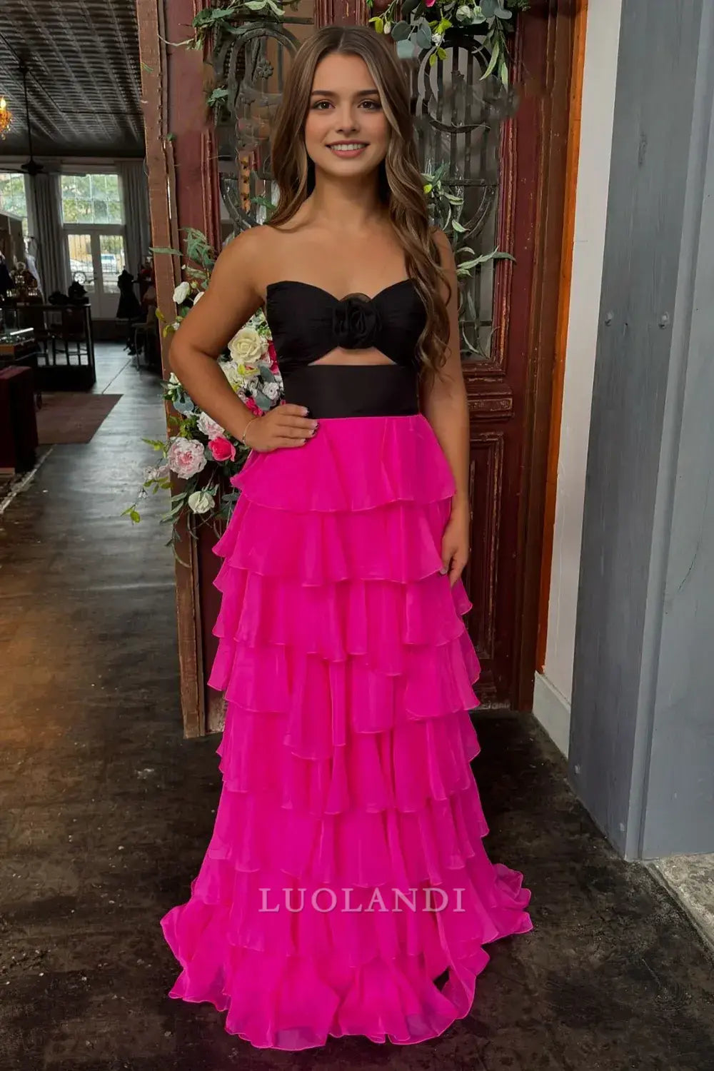 Luolandi Princess A Line Sweetheart Strapless Sleeveless Prom Dress Ruffled Long Formal Dress Charming Evening Party Dress With Slit