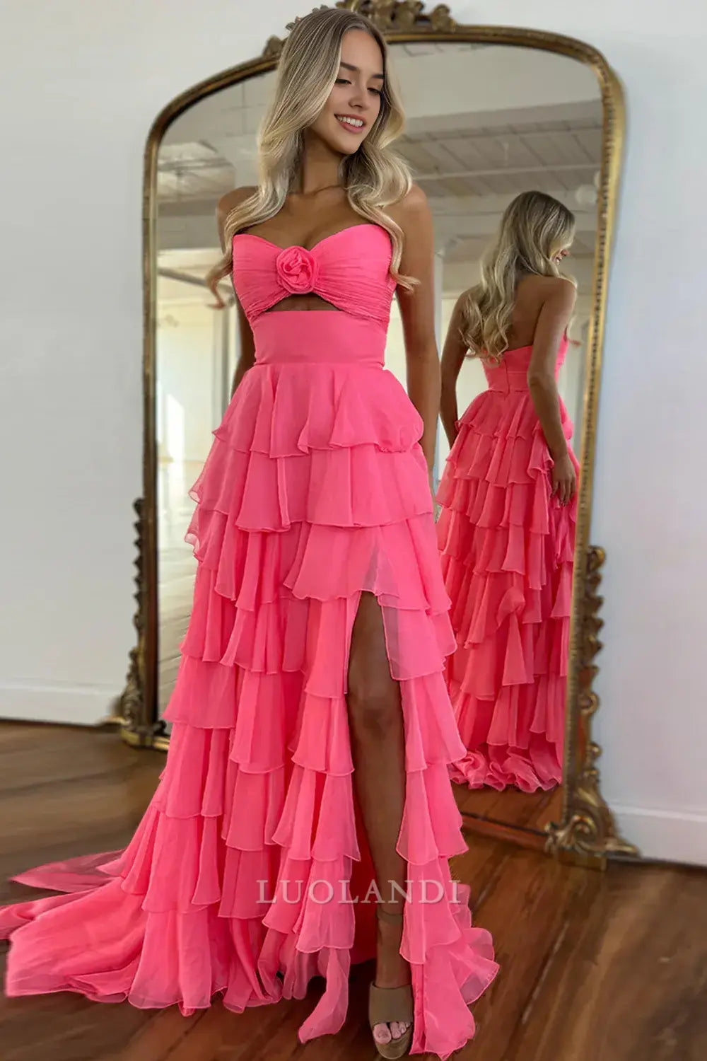 Luolandi Princess A Line Sweetheart Strapless Sleeveless Prom Dress Ruffled Long Formal Dress Charming Evening Party Dress With Slit
