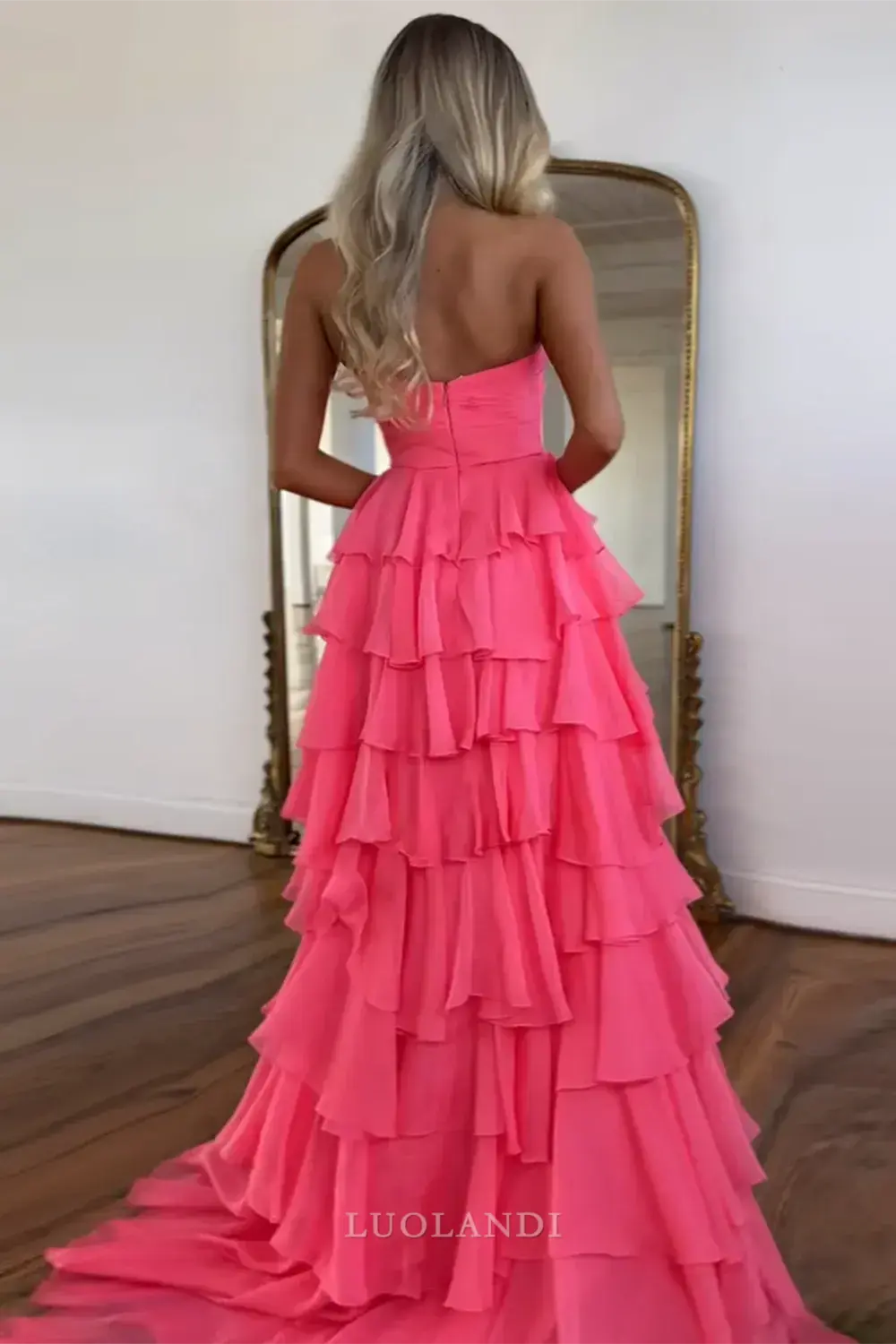 Luolandi Princess A Line Sweetheart Strapless Sleeveless Prom Dress Ruffled Long Formal Dress Charming Evening Party Dress With Slit