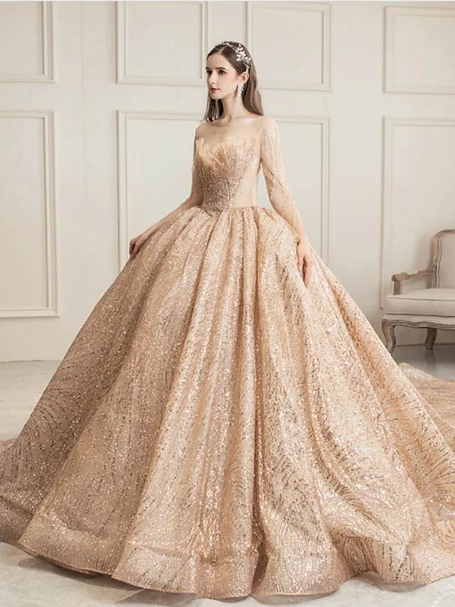Luolandi Princess Ball Gown Wedding Dresses Jewel Neck Chapel Train Tulle Sequined Long Sleeve Charming Prom Dress