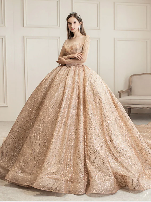 Luolandi Princess Ball Gown Wedding Dresses Jewel Neck Chapel Train Tulle Sequined Long Sleeve Charming Prom Dress