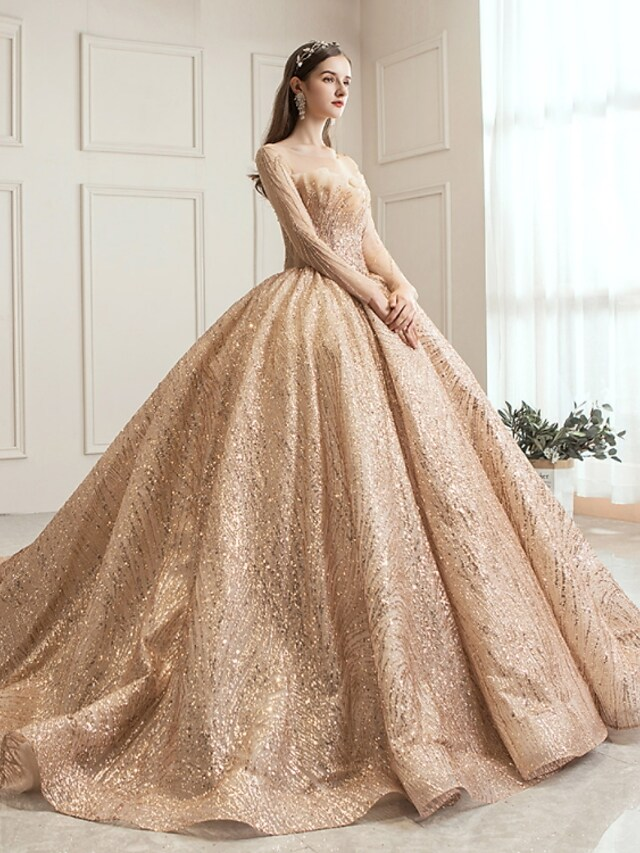 Luolandi Princess Ball Gown Wedding Dresses Jewel Neck Chapel Train Tulle Sequined Long Sleeve Charming Prom Dress