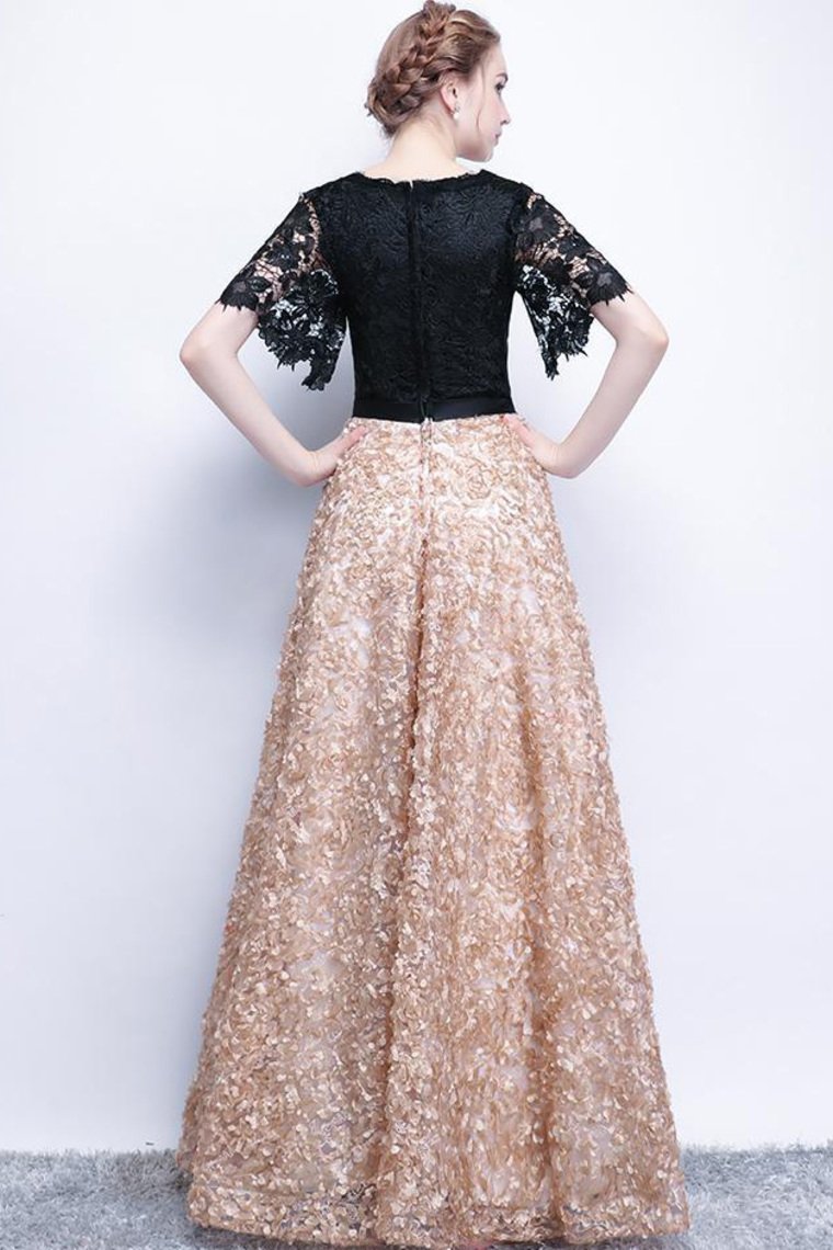 Luolandi A-Line Half Sleeve Long Prom Dress Sexy Evening Dress Floor Length