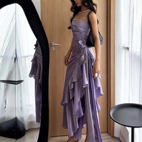 Luolandi Vintage Spaghetti Straps Floral Asymmetrical Hem Long Prom Dress Charming Evening Party Dress