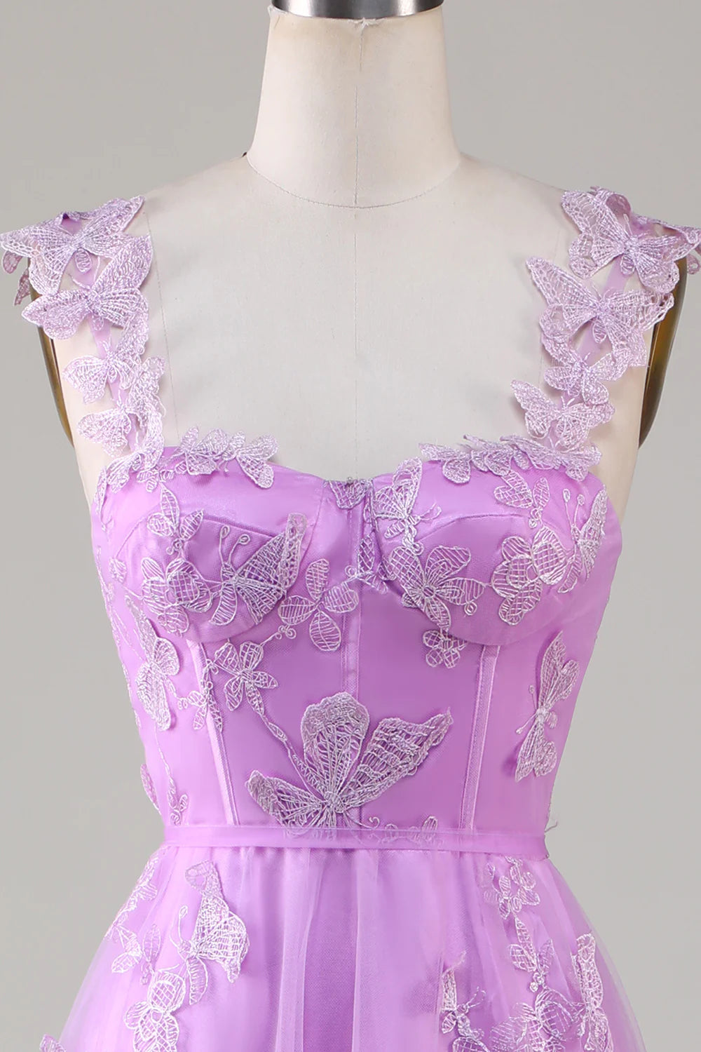 Luolandi Purple A Line Square Neck Corset Prom Dress With 3D Butterflies And Slit