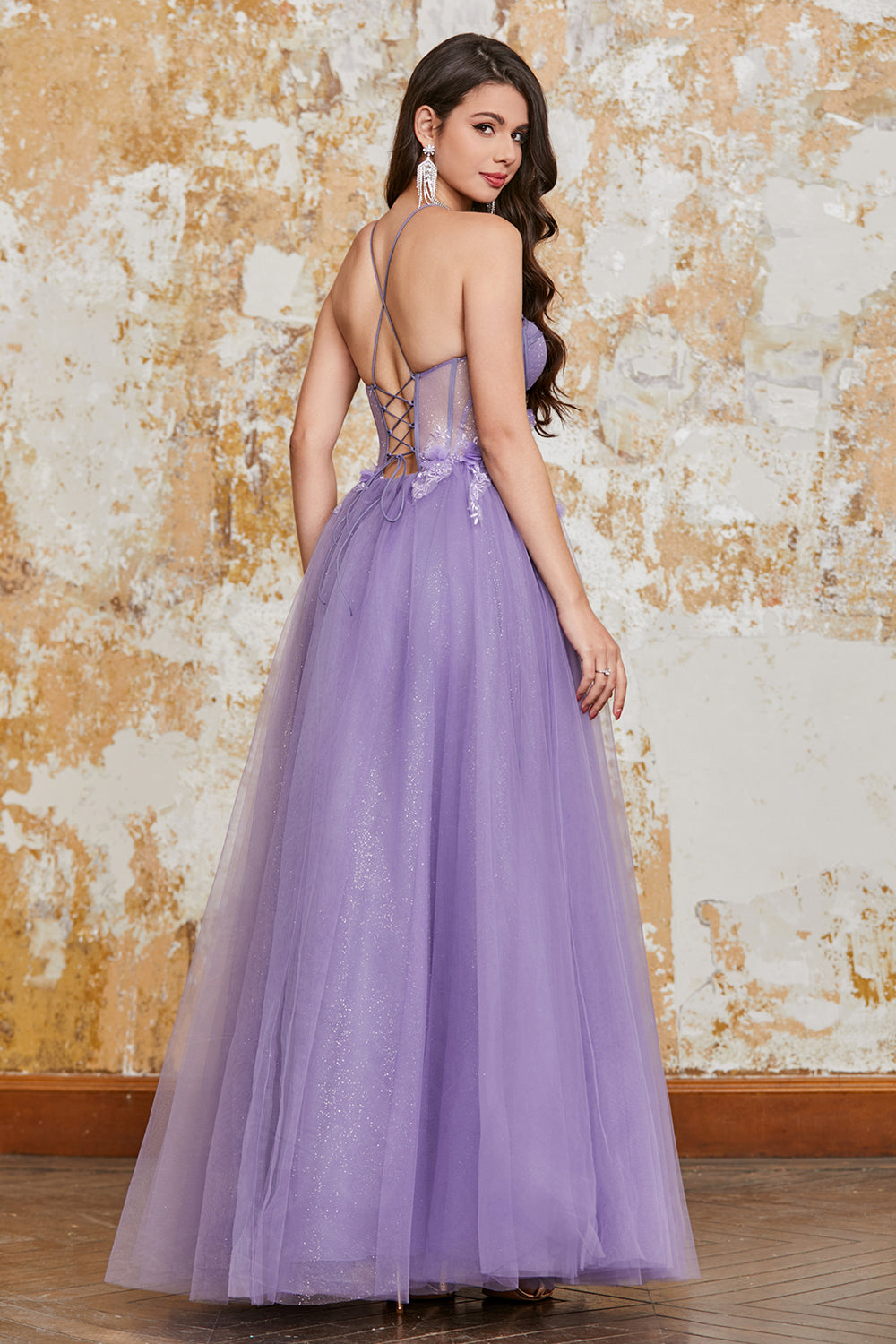 Luolandi Purple A-Line Spaghetti Straps Corset Prom Dress with 3D Flowers Floor Length Sexy