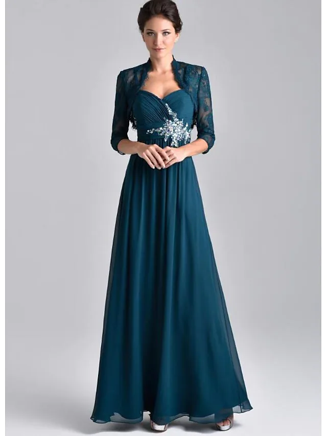 Luolandi Two Piece A-Line Mother of the Bride Dress Elegant Spaghetti Strap Floor Length Chiffon Lace 3/4 Length Sleeve