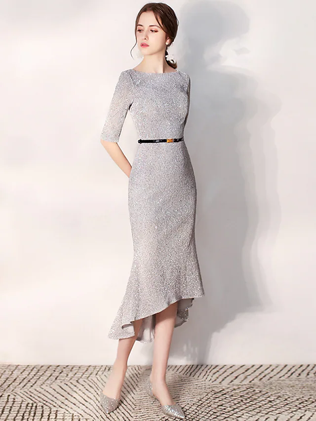 Luolandi Glittering Elegant Homecoming Cocktail Party Dress Jewel Neck Long Sleeve Tea Length Sequined with Sash Ribbon Sequin