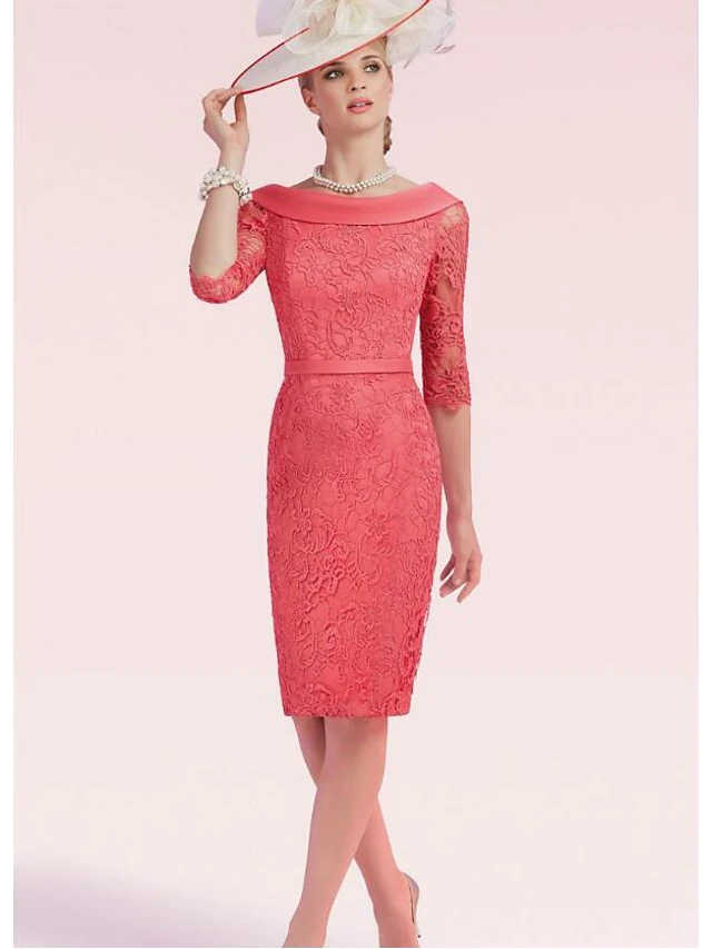 Luolandi Mother of the Bride Dress Plus Size Bateau Neck Knee Length Lace Satin Half Sleeve with Sash Ribbon Bow(s) Split