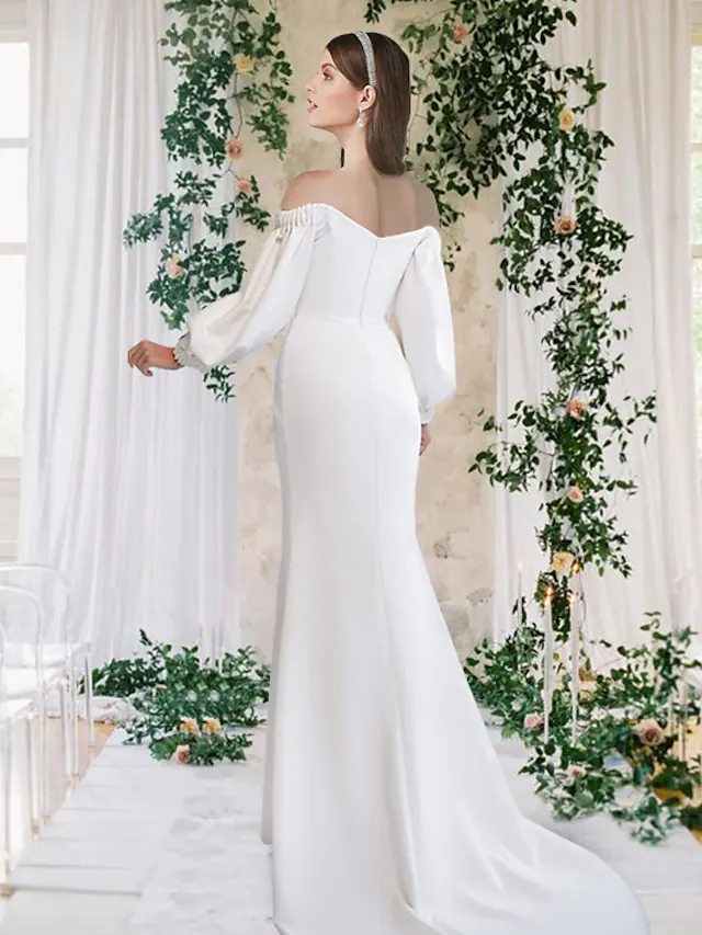 Luolandi Wedding Dresses Off Shoulder Fabric Half Sleeve Simple with Split Front Pure Color