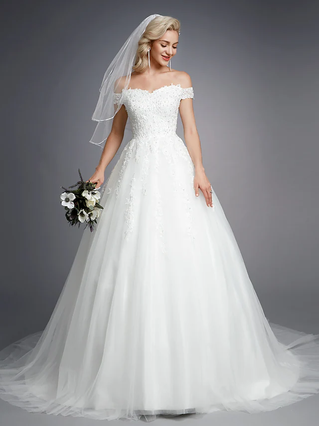 Luolandi Ball Gown Wedding Dresses Off Shoulder Court Train Lace Tulle Short Sleeve Romantic Sparkle & Shine with Beading