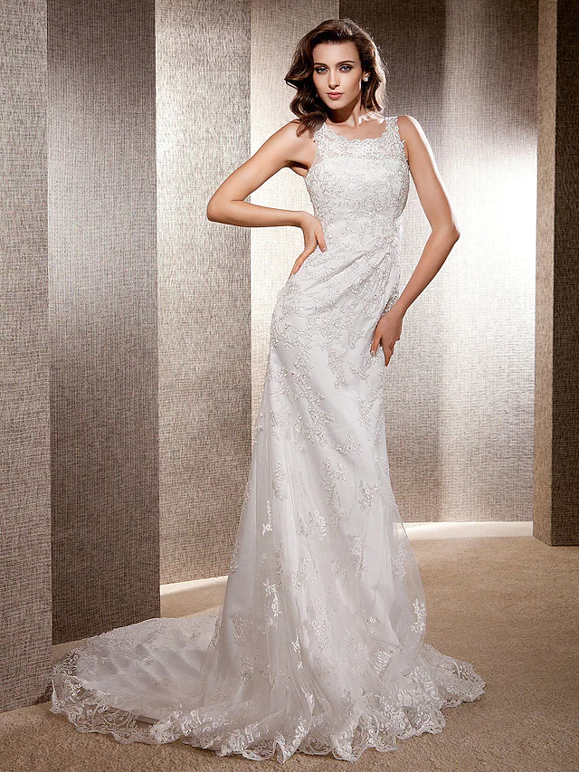 Luolandi Elegant Wedding Dresses Scoop Neck Lace Tulle Sleeveless Long Bridal Gown