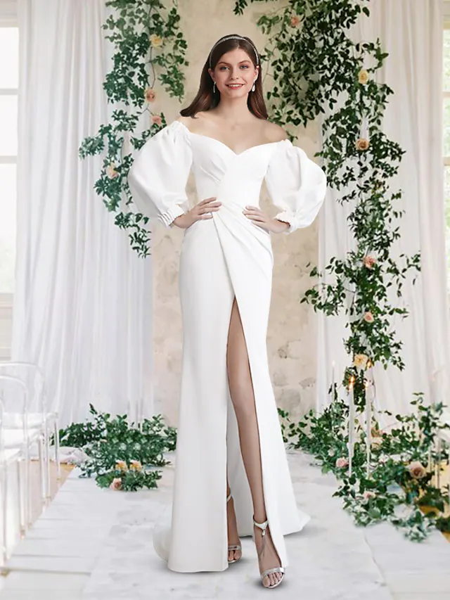 Luolandi Wedding Dresses Off Shoulder Fabric Half Sleeve Simple with Split Front Pure Color