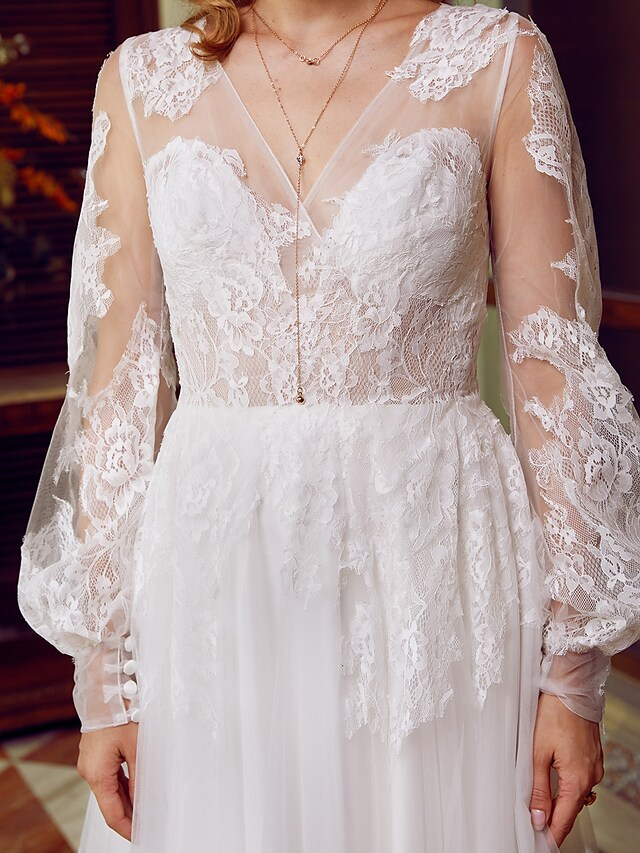 Luolandi A-Line Wedding Dresses V Neck Lace Tulle Long Sleeve See-Through Pure Color