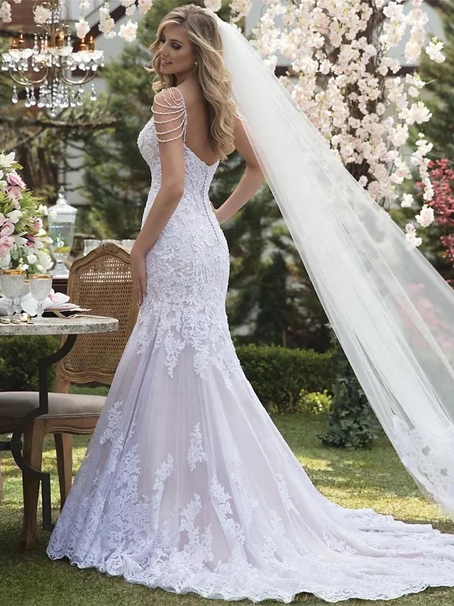 Luolandi Wedding Dresses V Neck Court Train Lace Tulle Lace Over Satin Spaghetti Strap Beautiful Back