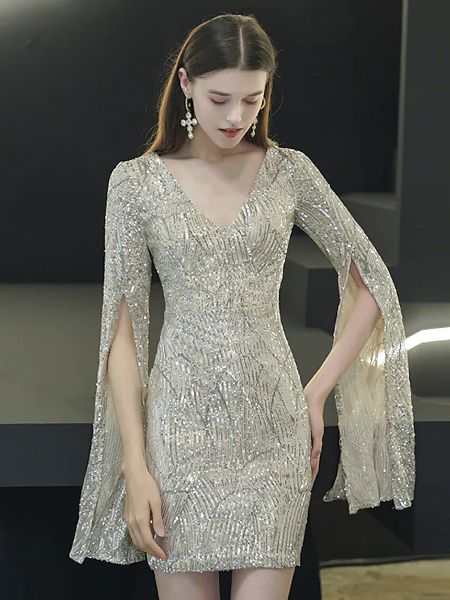 Luolandi Sparkle Elegant Homecoming Cocktail Party Dress V Neck Long Sleeve Short Mini Sequined with Split