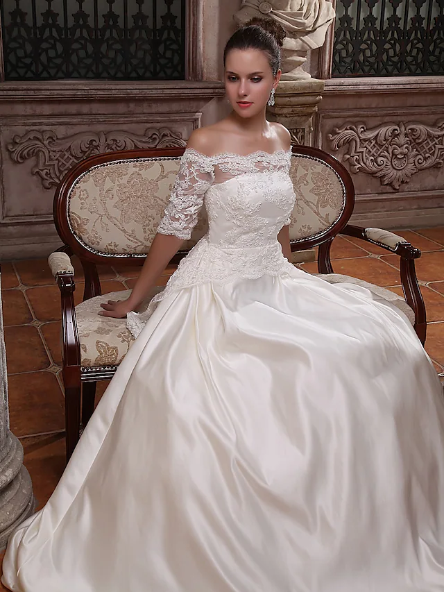 Luolandi Ball Gown Wedding Dresses Scalloped-Edge Off Shoulder Court Train Satin Half