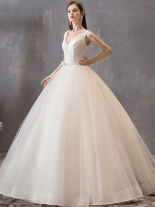 Luolandi Princess Ball Gown Wedding Dresses V Neck Floor Length Satin Tulle Sleeveless Formal Luxurious with Bow(s)