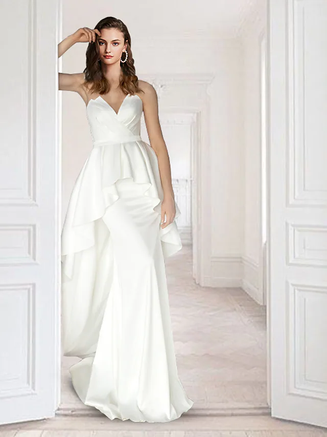 Luolandi Elegant Wedding Dresses V Neck Court Train Detachable Satin Sleeveless Simple Bridal Gown