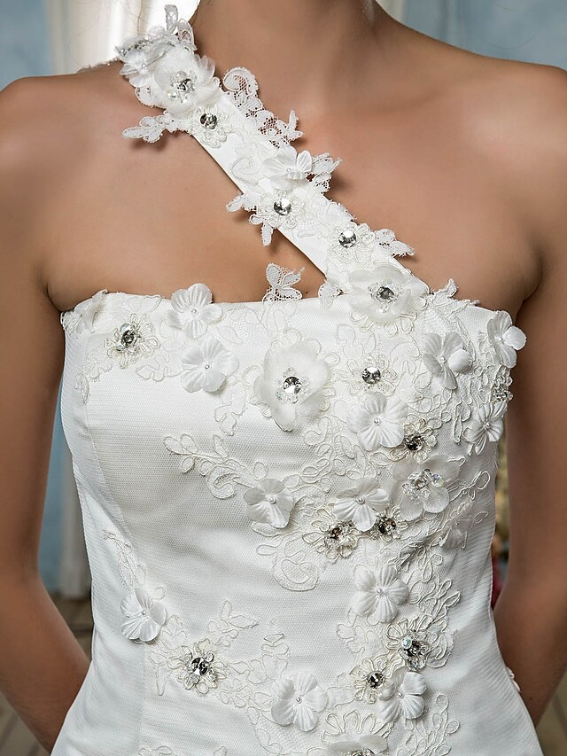 Luolandi Wedding Dresses One Shoulder Court Train Tulle Sleeveless with Beading Appliques