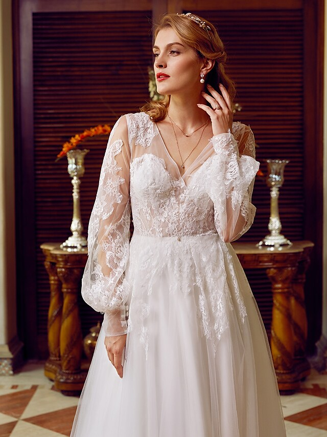 Luolandi A-Line Wedding Dresses V Neck Lace Tulle Long Sleeve See-Through Pure Color