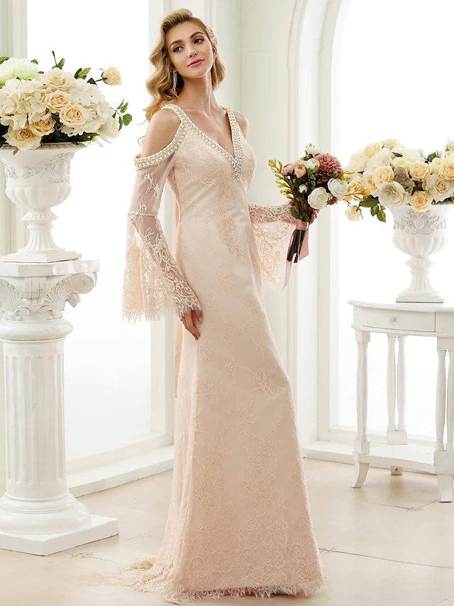 Luolandi Wedding Dresses Plunging Neck Sheer Lace Long Sleeve Wedding Dress in Color Open Back Floral Lace with Bow(s)