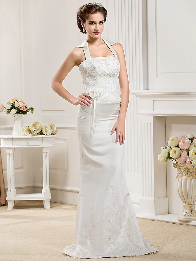 Luolandi Long Wedding Dresses Halter Neck Court Train Satin Sleeveless