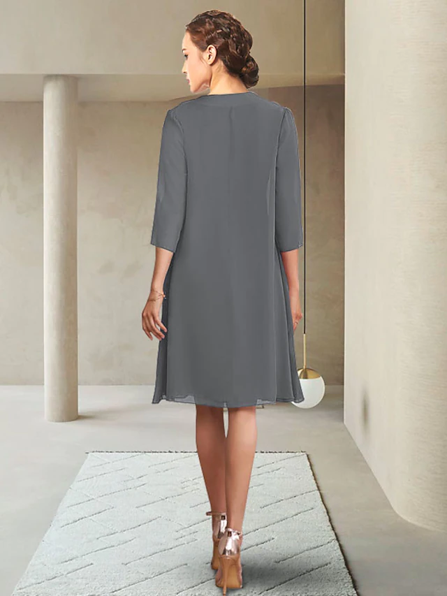 Luolandi Mother of the Bride Dress Elegant Jewel Neck Knee Length Chiffon Length Sleeve with Ruching Pure Color