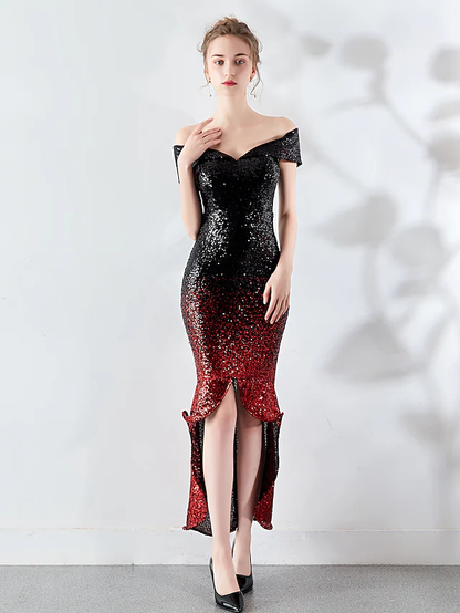 Sexy Wedding Guest Cocktail Party Dress Off Shoulder Sleeveless Asymmetrical Sequined