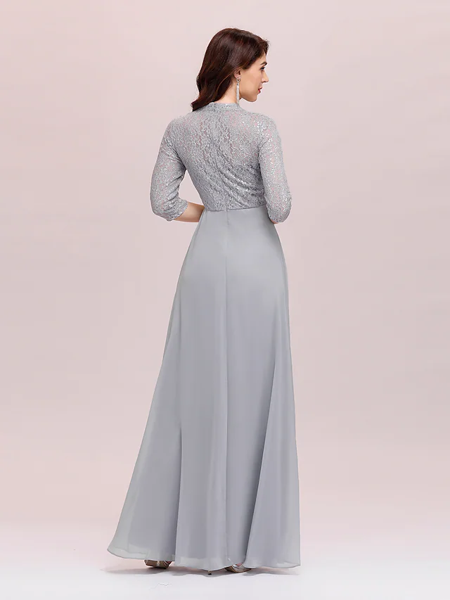 Luolandi A-Line Mother of the Bride Dress Plus Size Elegant Jewel Neck Floor Length Chiffon Lace Length Sleeve