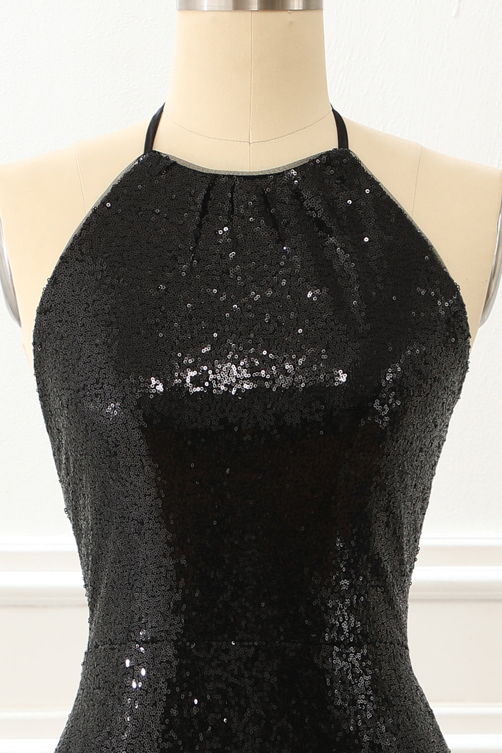 Luolandi Black Halter Sequin Prom Dress With Slit Open Back Sparkly Evening Dress