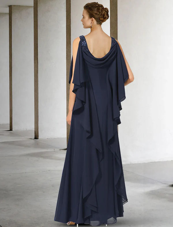 Luolandi A-Line Mother of the Bride Dress Plus Size Elegant V Neck Floor Length Chiffon Short Sleeve with Beading