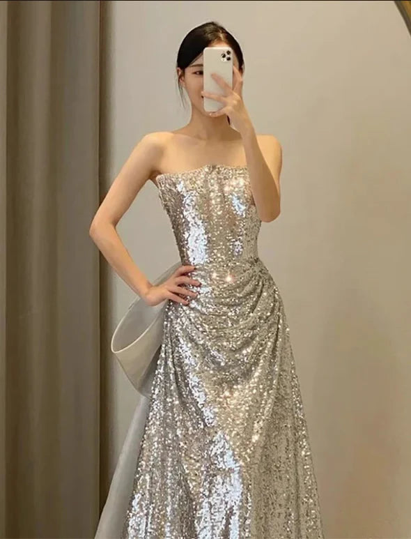 Luolandi Sliver Sequined Strapless A-Line Long Party Dress Birthday Dress Sparkly Evening Dress