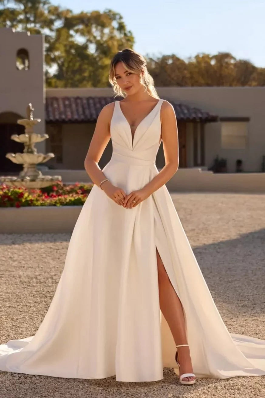 Luolandi Ivory Wedding Dress A Line V Neck Satin Backless Bridal Dress With Slit Simple Sexy