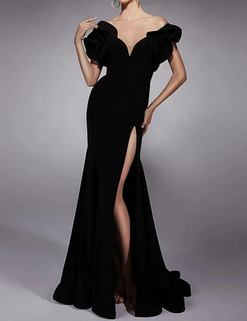 Luolandi A-Line Evening Gown Formal Floor Length Short Sleeve V Neck Crepe with Slit Sexy