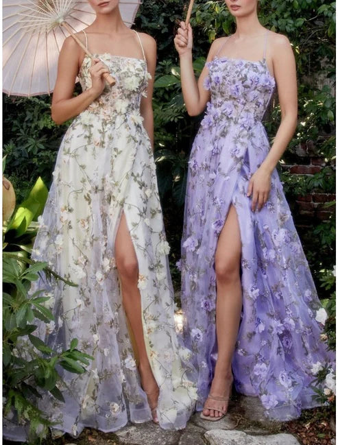 Luolandi Sheath / Column Prom Dresses Floral Dress Wedding Guest Wedding Party Court Train Sleeveless Spaghetti Strap Lace Backless with Slit And Flowers