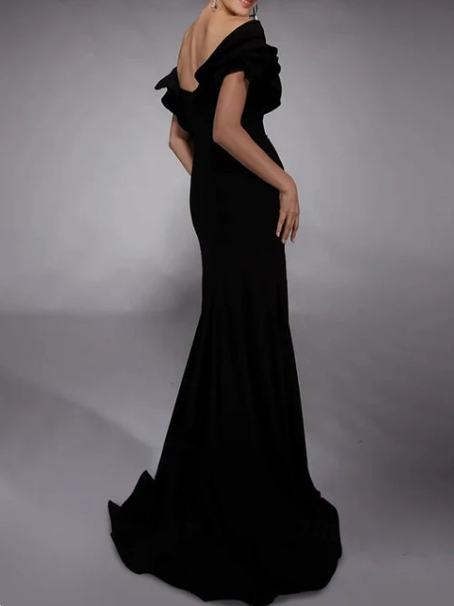 Luolandi A-Line Evening Gown Formal Floor Length Short Sleeve V Neck Crepe with Slit Sexy