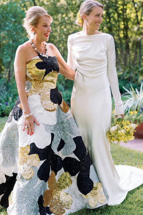 Luolandi Sheath Backless Long Sleeves Soft Satin Wedding Dresses Open Back Elegant