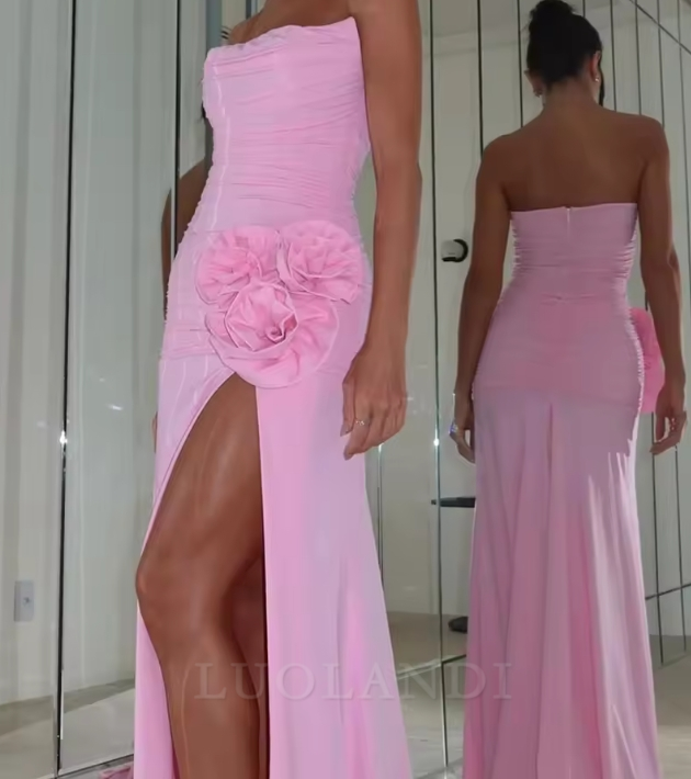 Luolandi Elegant Pink Long Prom Dress Strapless High Slit Formal Occasion Dress With Flower Charming Evening Party Dress