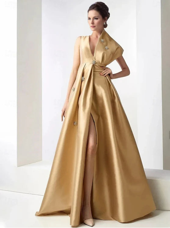 Luolandi A-Line Evening Gown Elegant Dress Formal Floor Length Sleeveless V Neck Pocket Satin with Rhinestone Beading And Slit