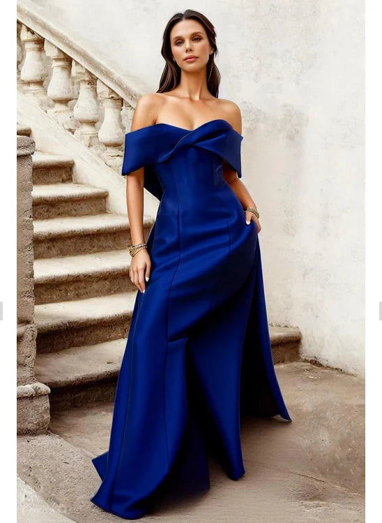 Luolandi A-Line Evening Gown Wedding Guest Floor Length Short Sleeve V Neck Pocket Satin with Criss Cross Sexy