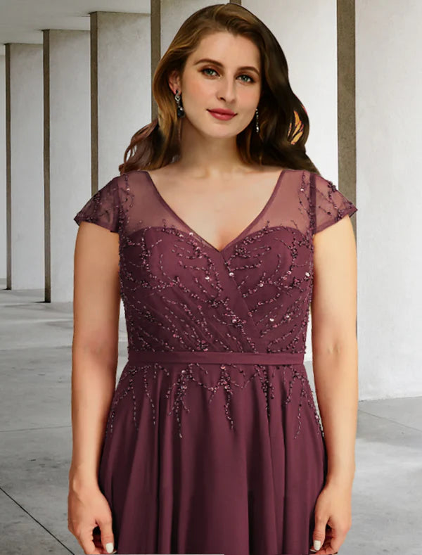 Luolandi A-Line Mother of the Bride Dresses Plus Size Hide Belly Curve Elegant Dress Formal Floor Length Short Sleeve V Neck Chiffon