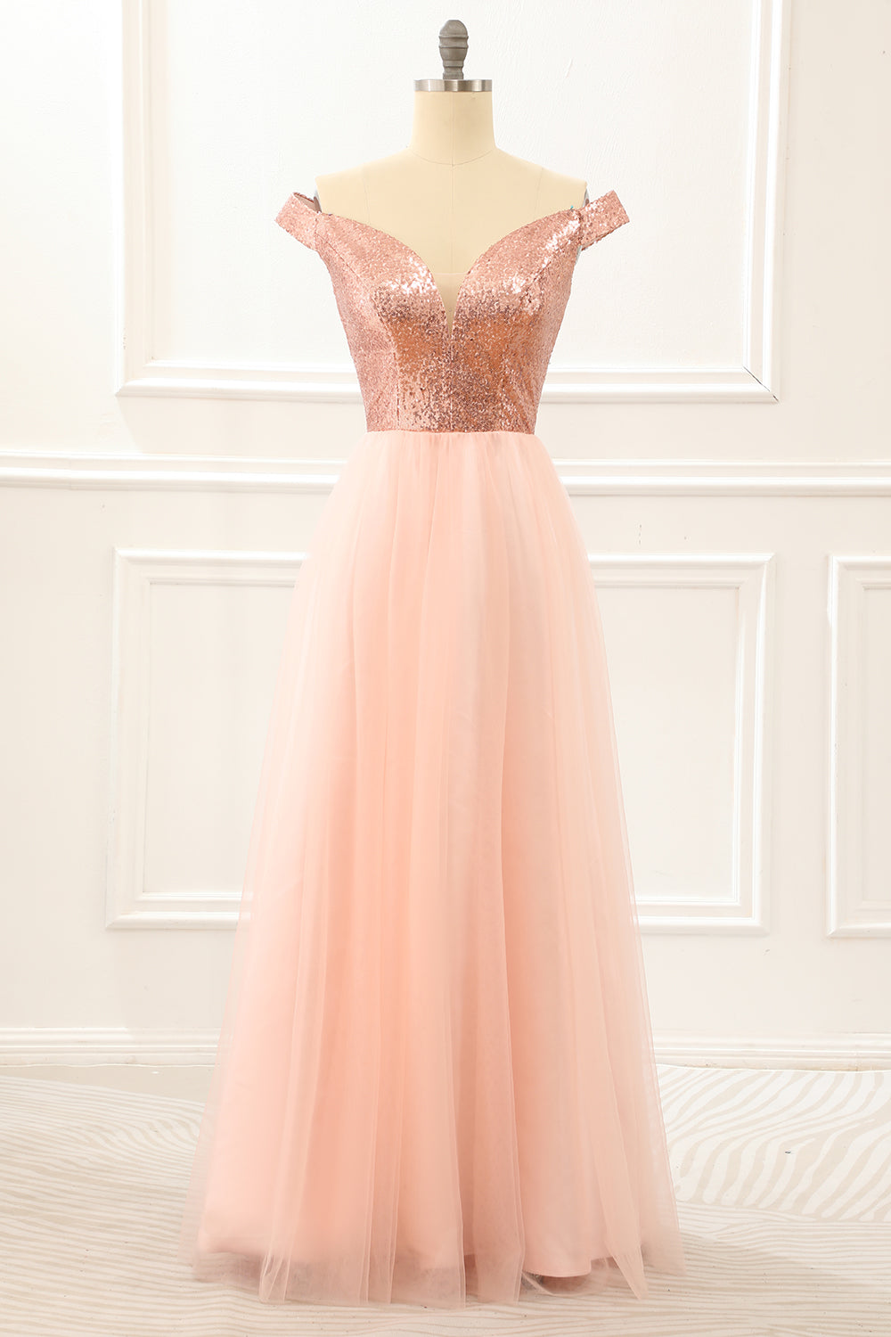 Luolandi Off The Shoulder Blush Sequins Prom Dress V-neck Sparkly Sexy